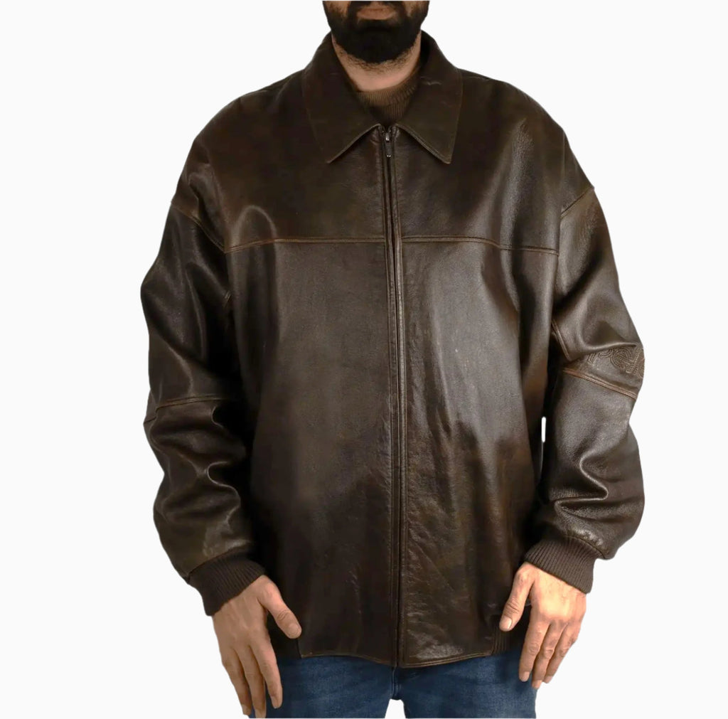 Blouson en cuir vieilli poncé pour homme