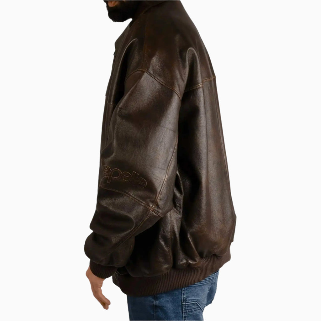 Blouson en cuir vieilli poncé pour homme