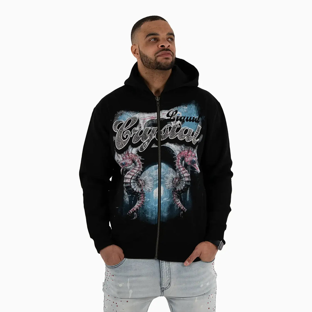 Sudadera con capucha de caballitos de mar con pedrería LC para hombre