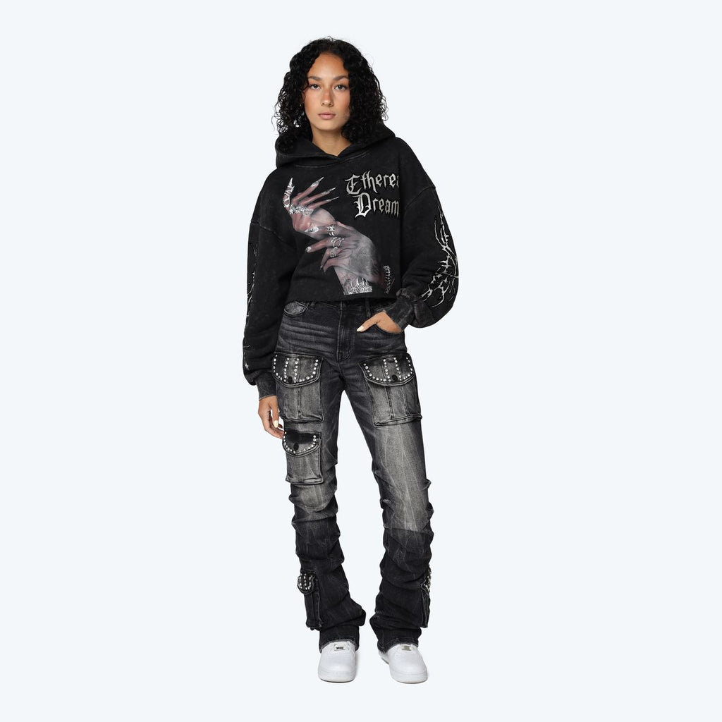 Jean empilé taille haute avec strass pour femme