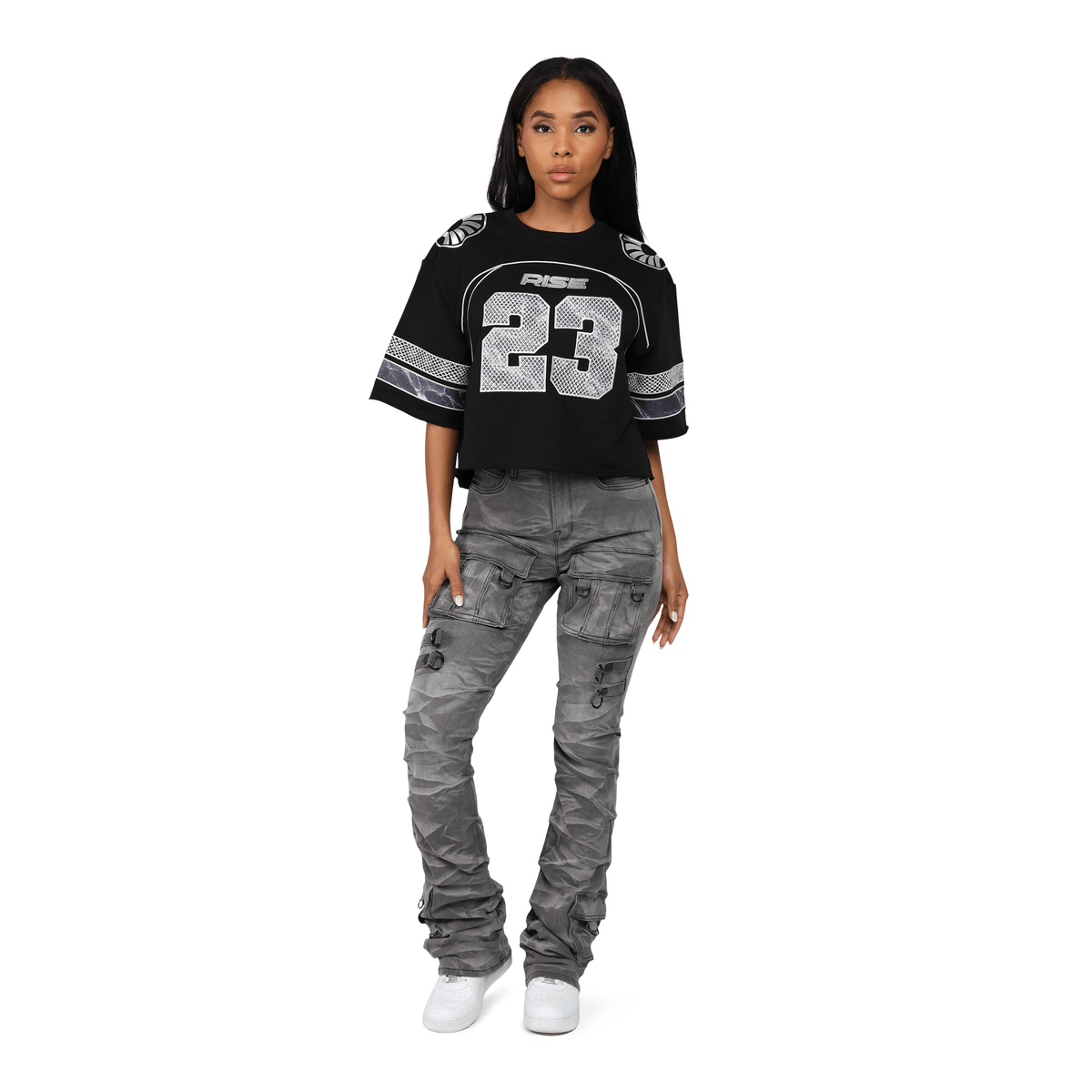 Women's High Rise Rhinestone Stacked Jeans Pant