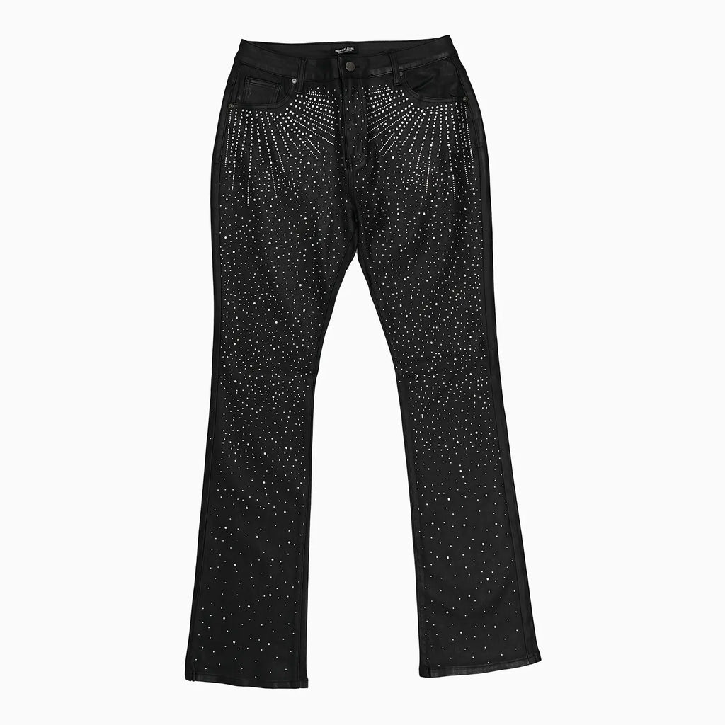 Pantalon en jean enduit empilé orné de strass pour femme