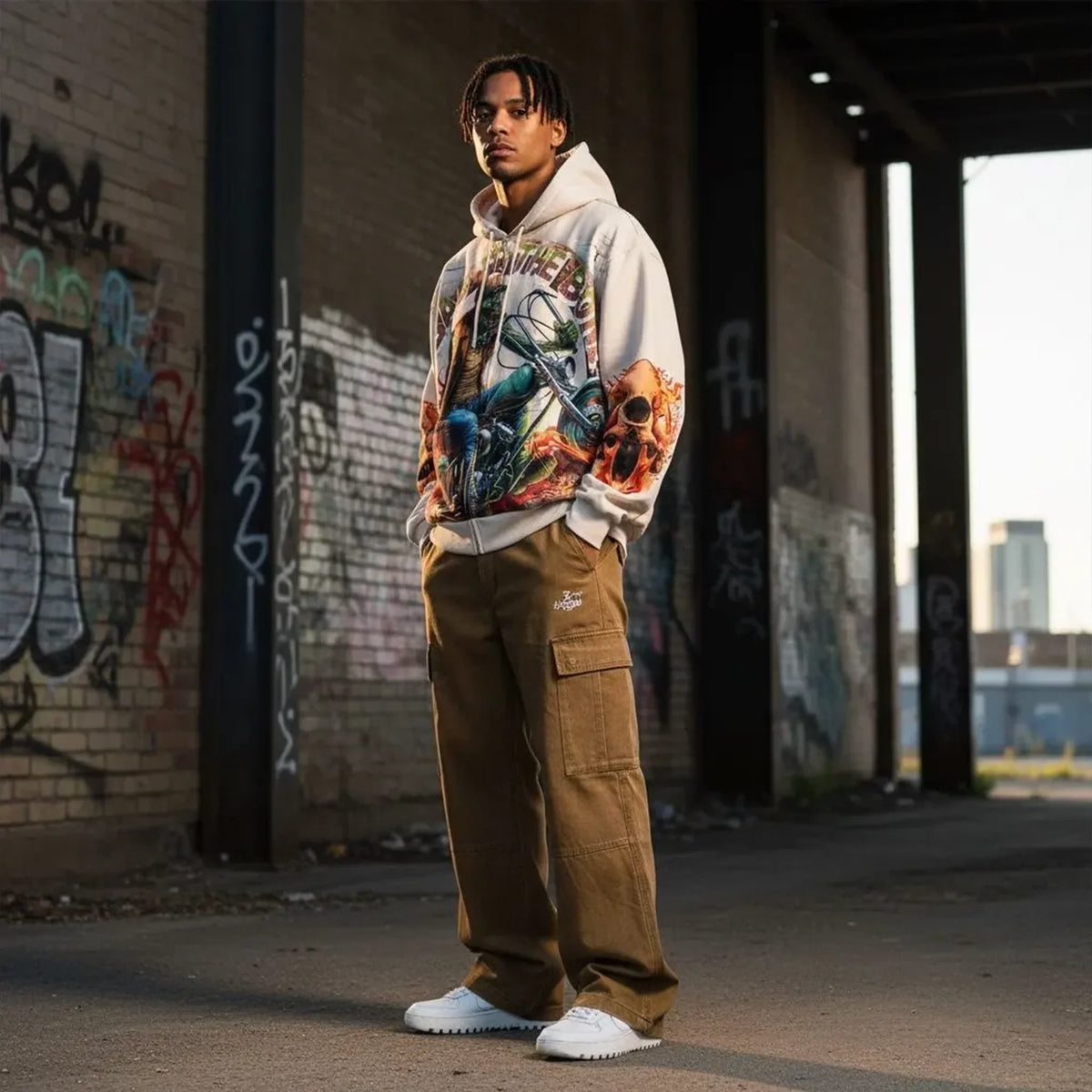 Sudadera con capucha y gráfico de motocicleta "Bad to the Bone" para hombre