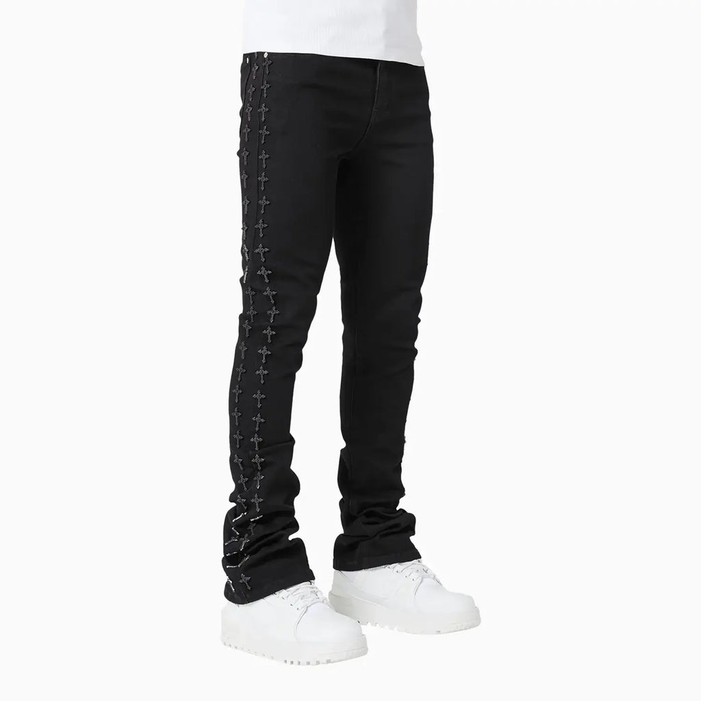 Men's All Black Crosses Embellished Denim Pant