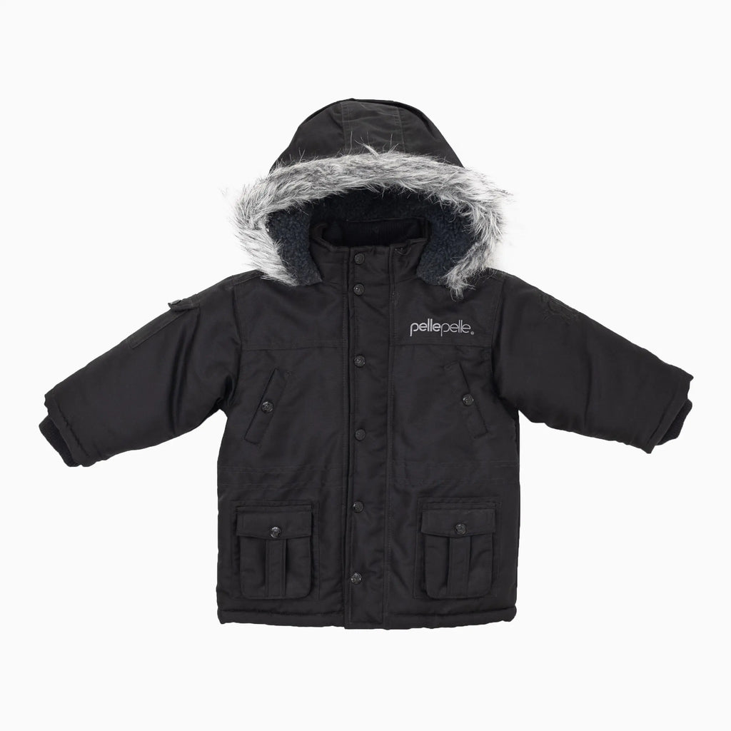 Veste en cuir à poches multiples avec capuche en fourrure pour bébés