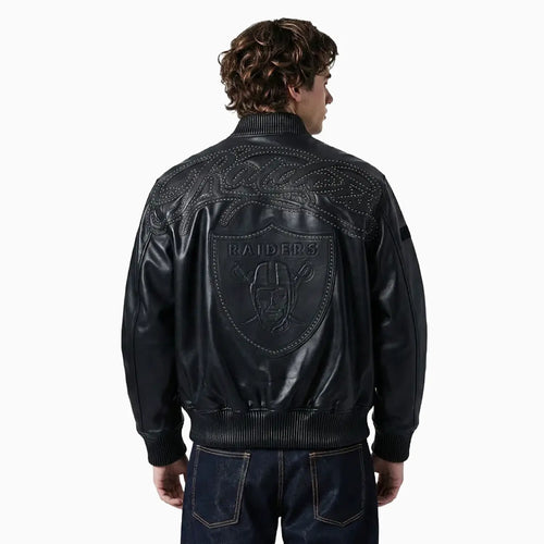 Chaqueta universitaria de cuero negra Las Vegas Raiders para hombre