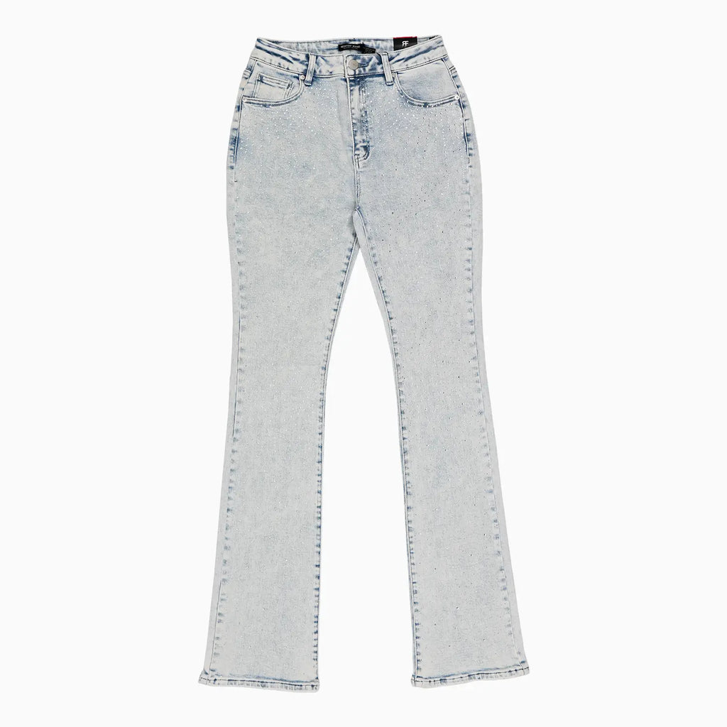 Pantalon en jean enduit empilé orné de strass pour femme