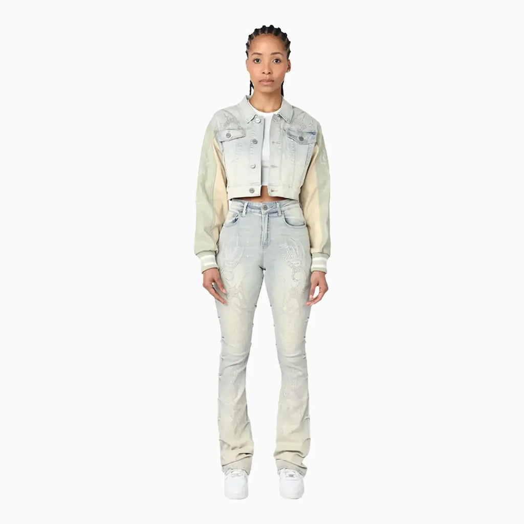Ensemble jean court orné de strass pour femme