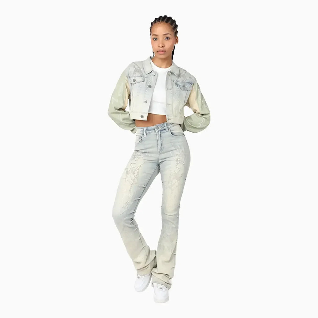 Ensemble jean court orné de strass pour femme