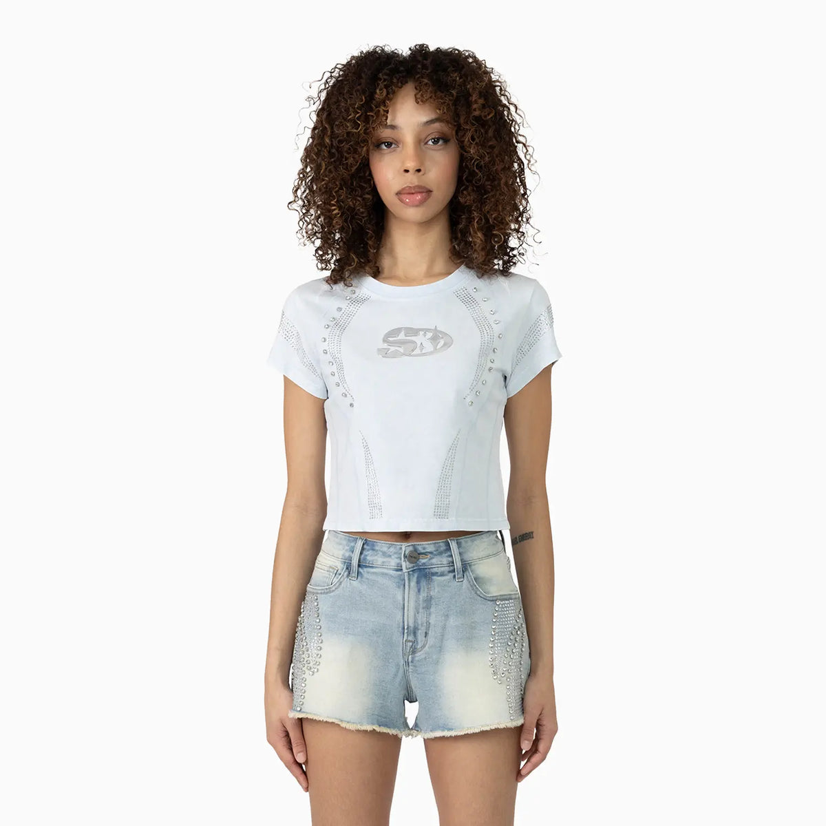 Women's Rhinestone Detail T-Shirt and Shorts Outfit