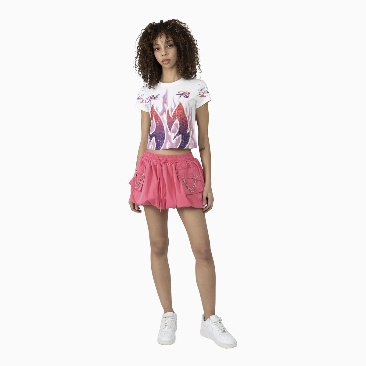 Women's Fitted Rhinestone Cropped T-Shirt and Skirt Outfit