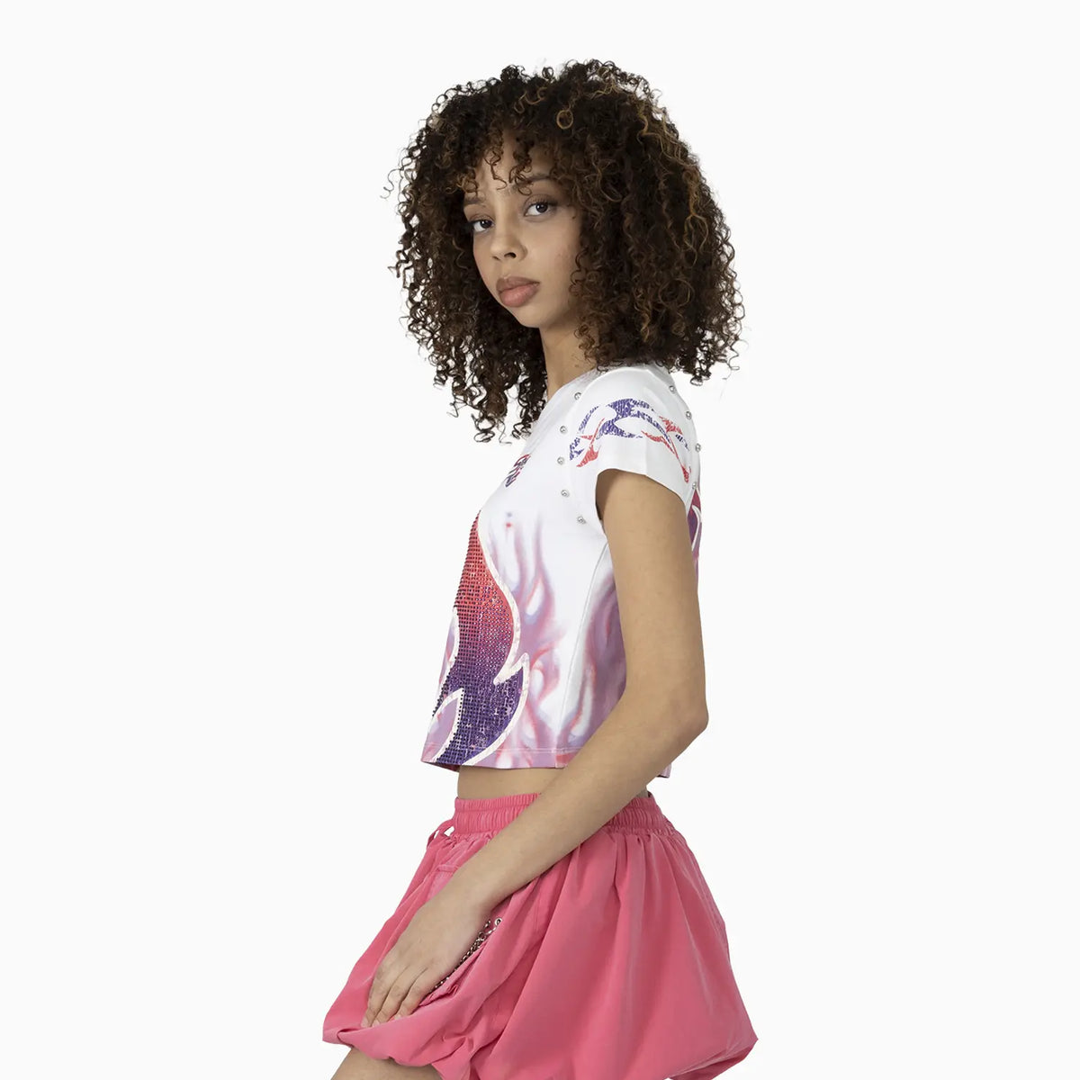 Women's Fitted Rhinestone Cropped T-Shirt and Skirt Outfit