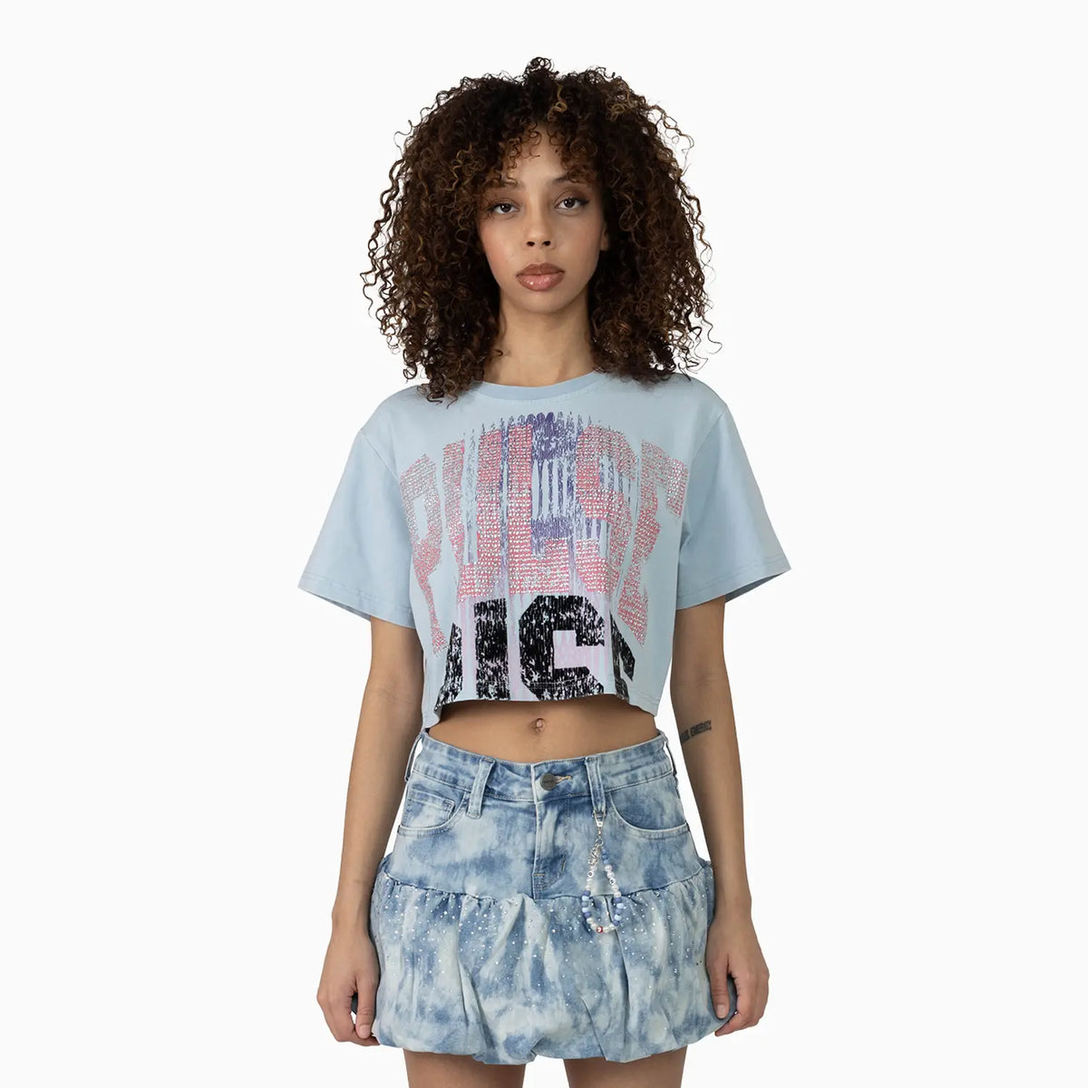 Women's Fitted Rhinestone Cropped T-Shirt and Skirt Outfit