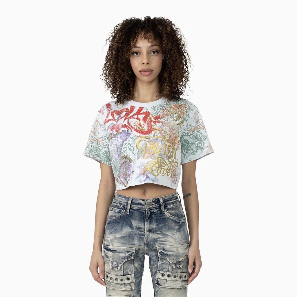 Women's Graphic Print Crop Top and Flared Cargo Pant Outfit