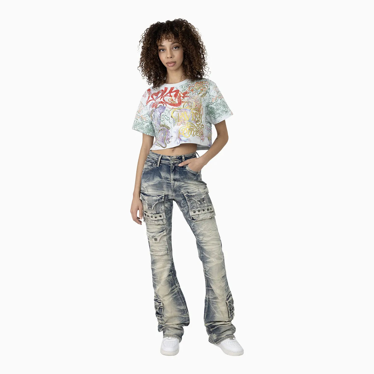 Women's Graphic Print Crop Top and Flared Cargo Pant Outfit