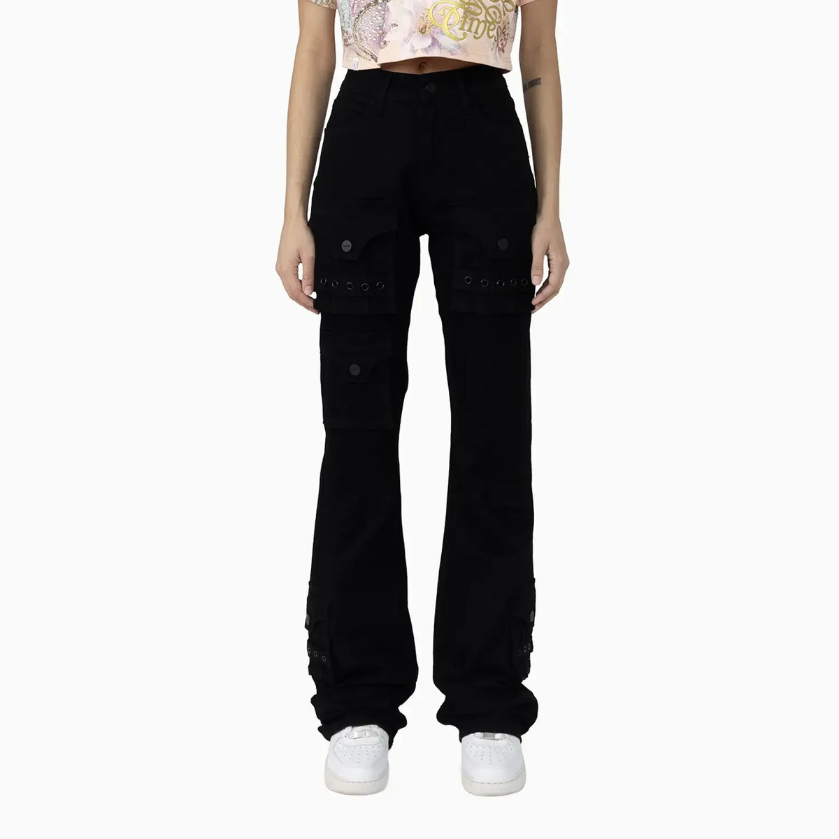 Women's Graphic Print Crop Top and Flared Cargo Pant Outfit