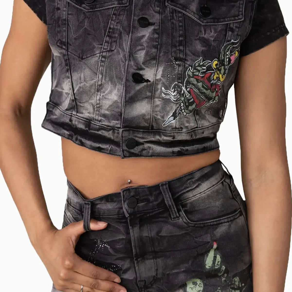 Conjunto de mezclilla Trucker gráfico para mujer