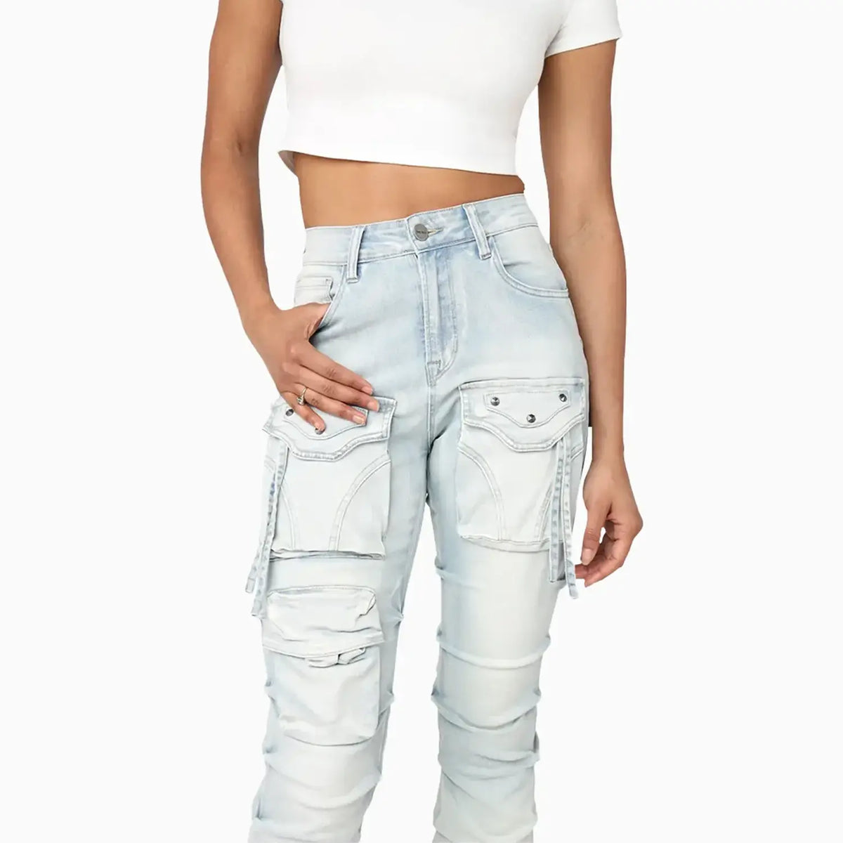Women's High Rise Lightening Wash Stacked Jeans Pant