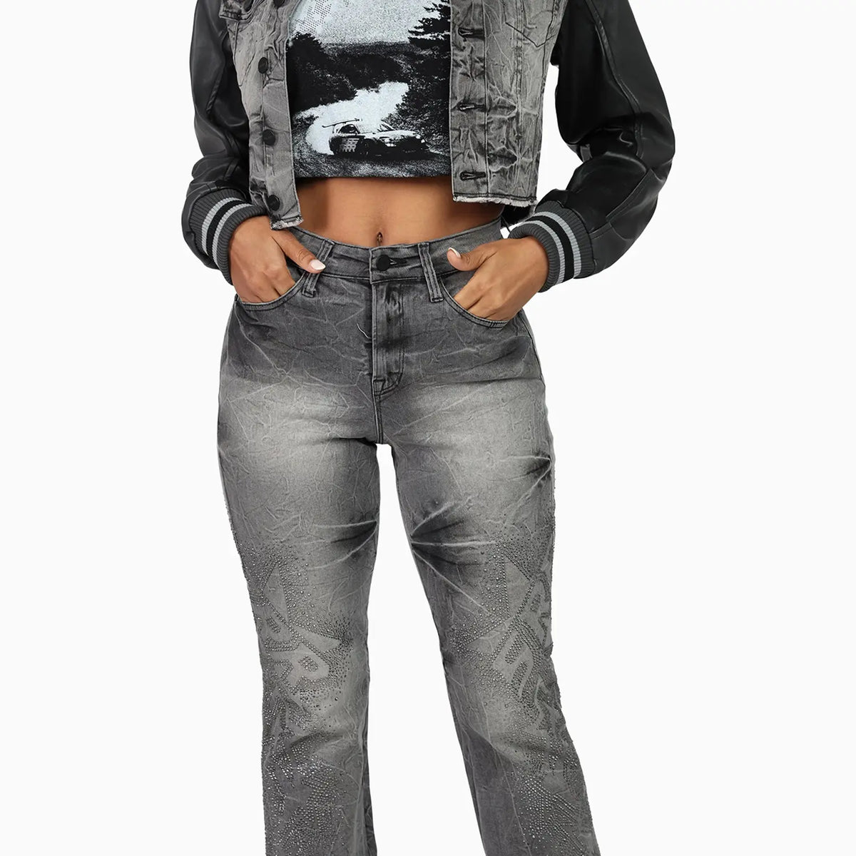 Women's High Rise Rhinestone Stack Jean Pant