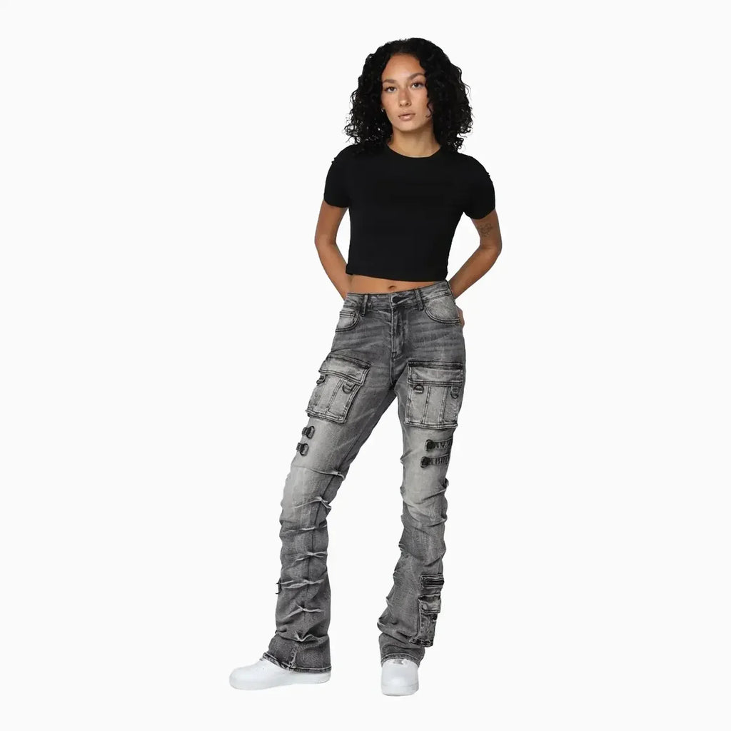 Pantalon taille haute femme, effet pincé sur les côtés