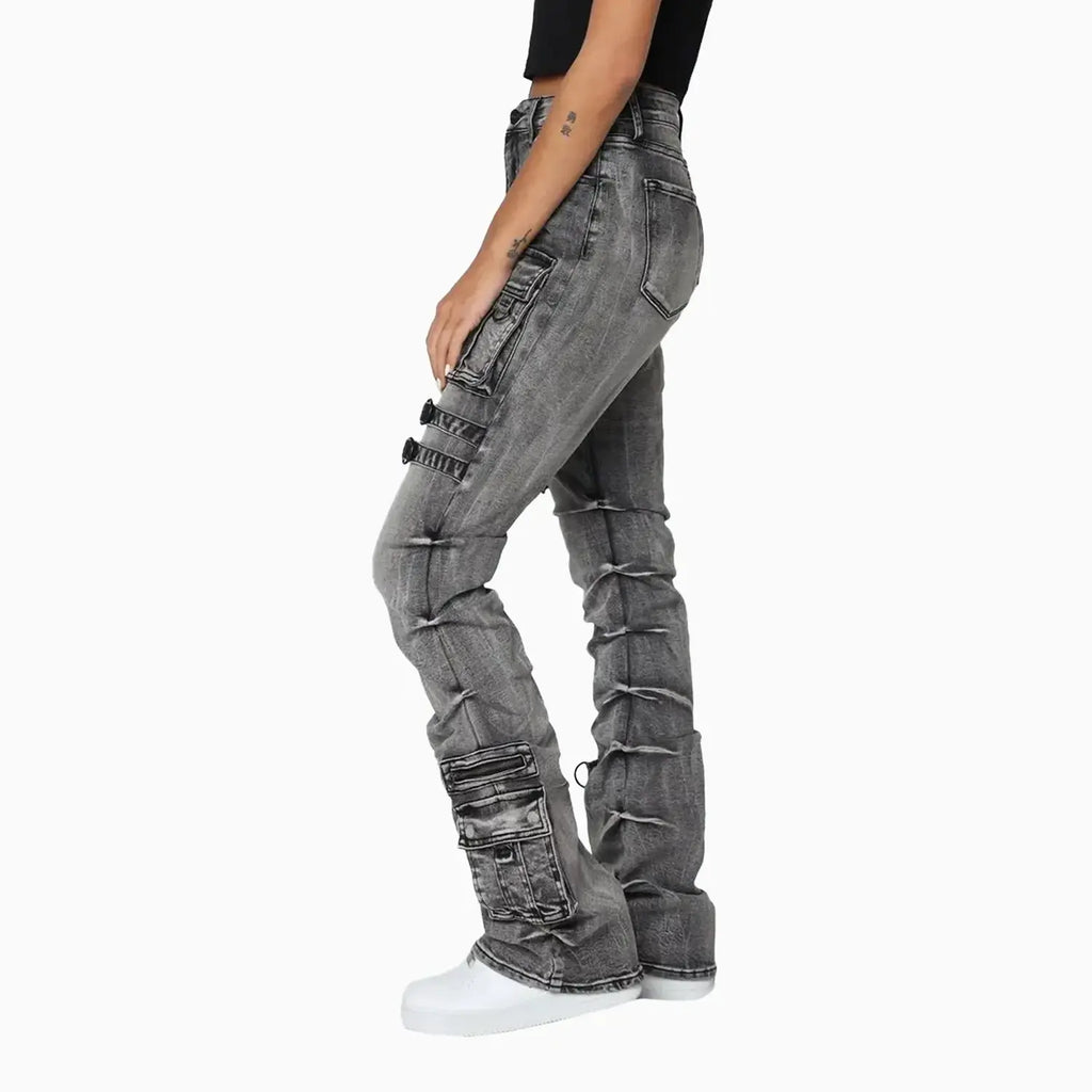 Pantalon taille haute femme, effet pincé sur les côtés