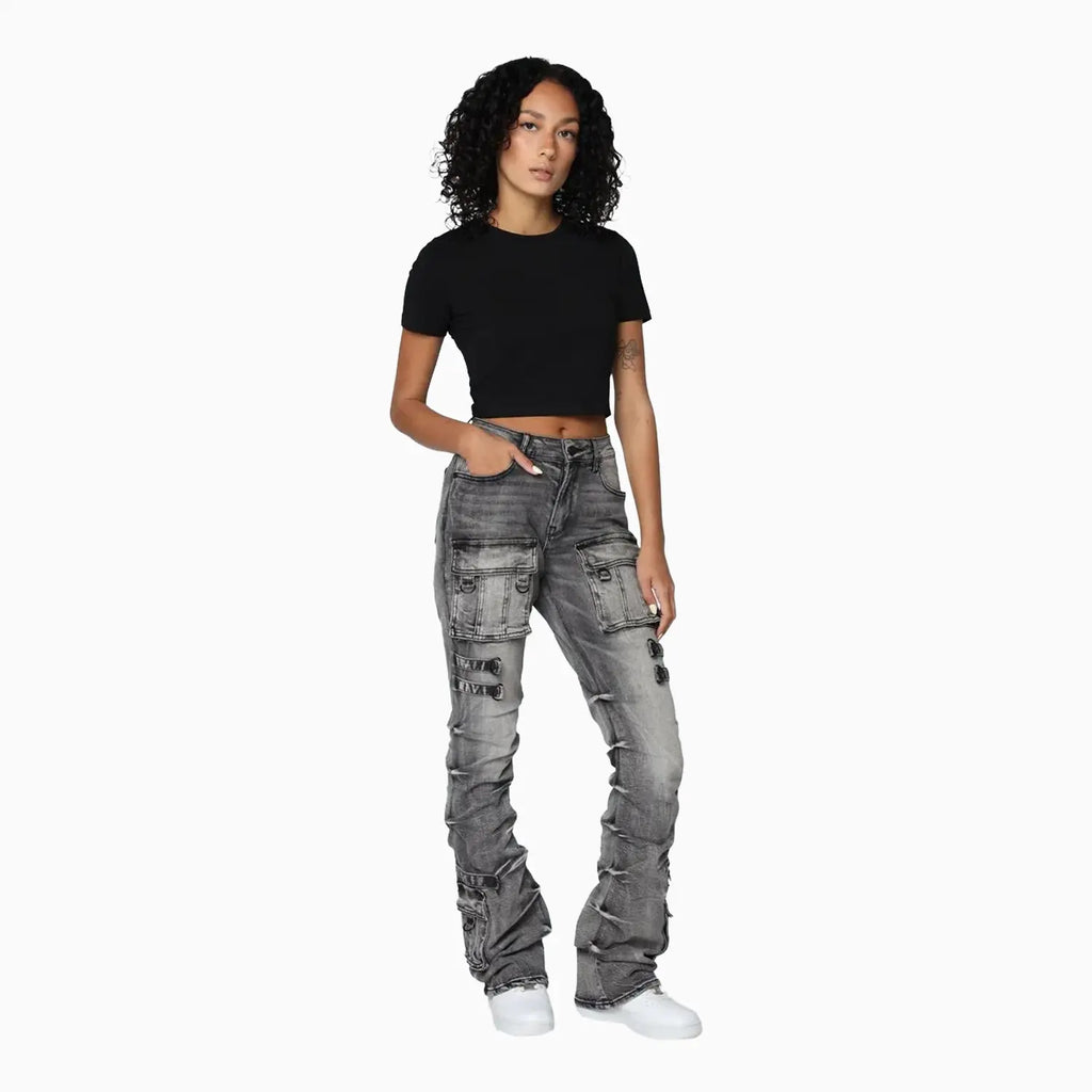 Pantalon taille haute femme, effet pincé sur les côtés