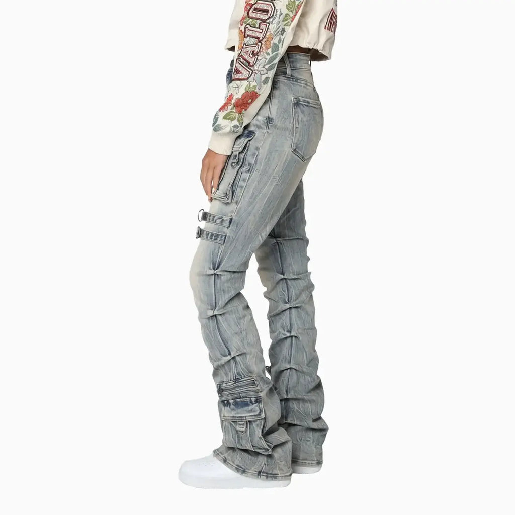 Pantalon taille haute femme, effet pincé sur les côtés
