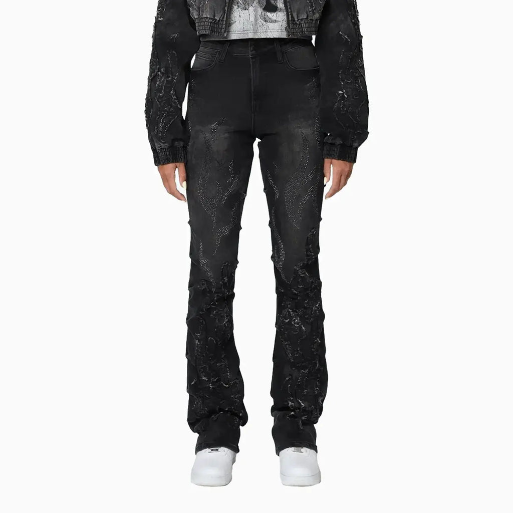 Ensemble Veste en jean ornée de strass et jean Noir pour Femme