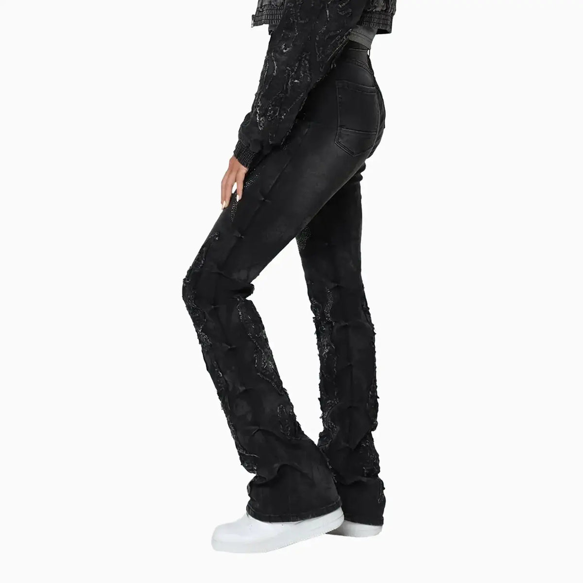 Ensemble Veste en jean ornée de strass et jean Noir pour Femme
