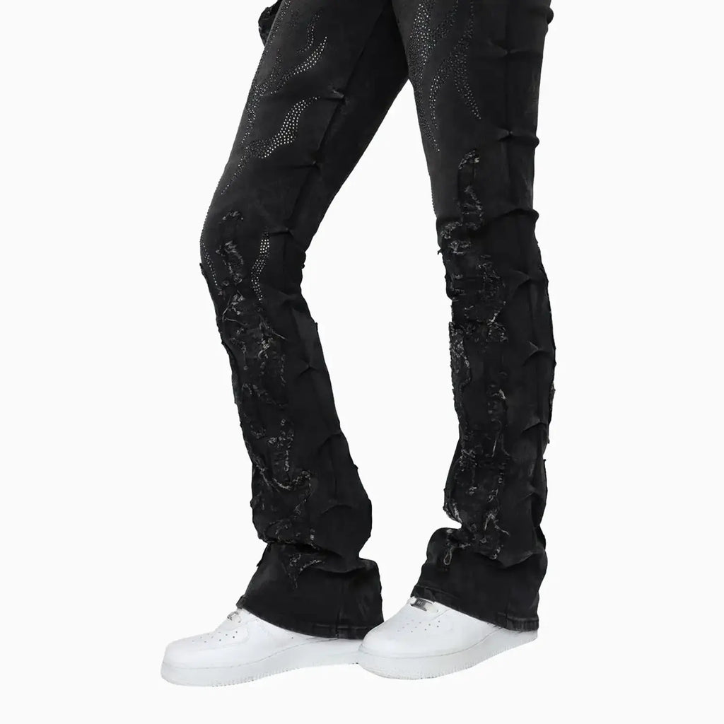 Ensemble Veste en jean ornée de strass et jean Noir pour Femme