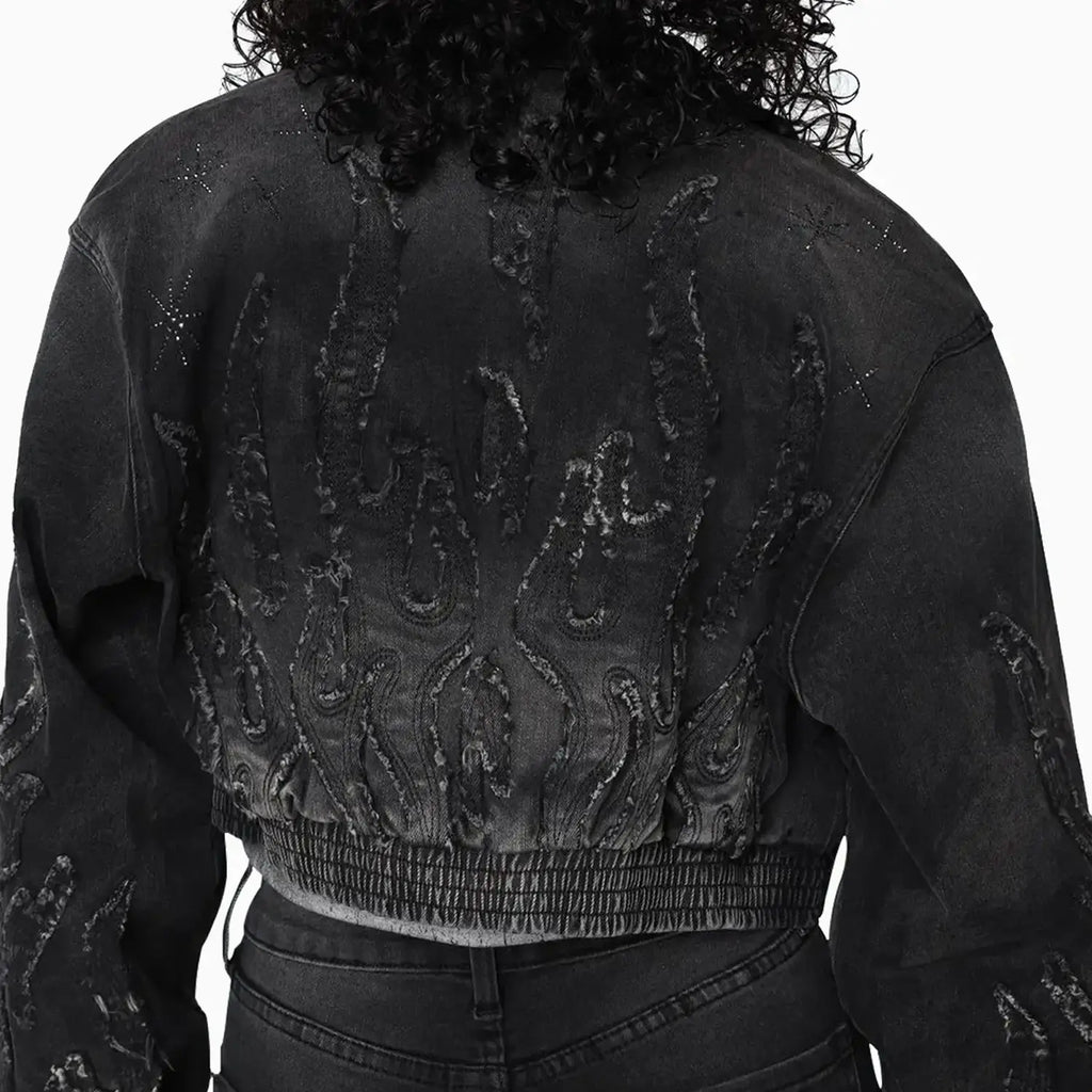 Ensemble Veste en jean ornée de strass et jean Noir pour Femme