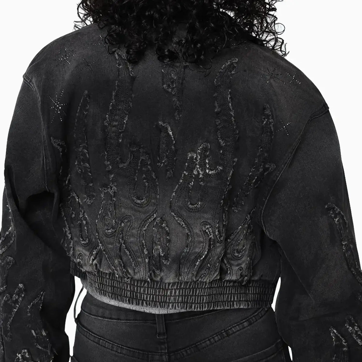 Ensemble Veste en jean ornée de strass et jean Noir pour Femme