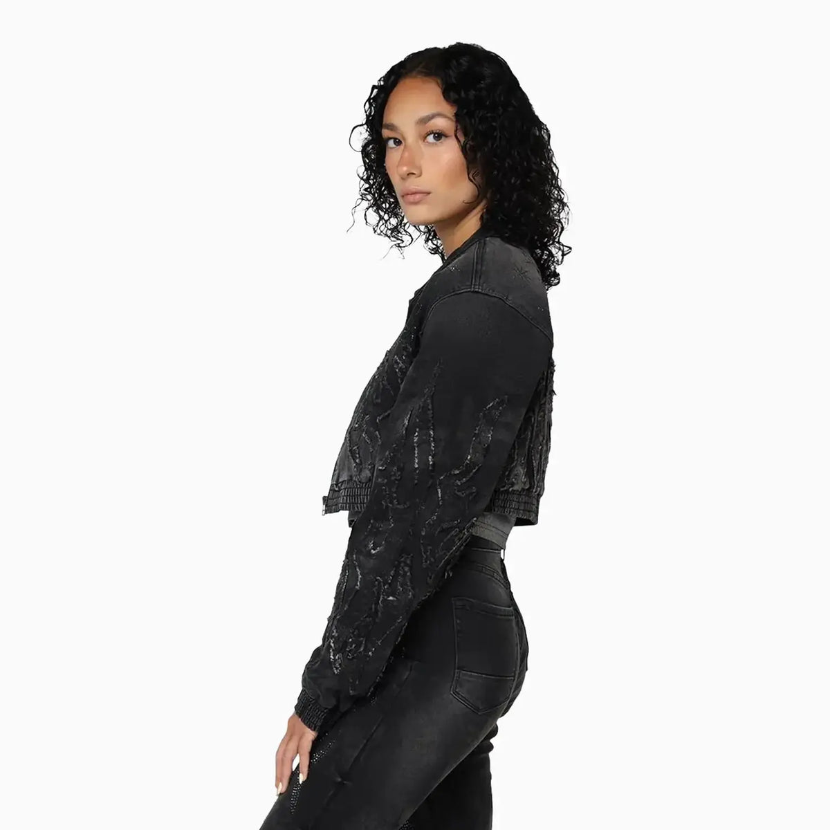 Ensemble Veste en jean ornée de strass et jean Noir pour Femme
