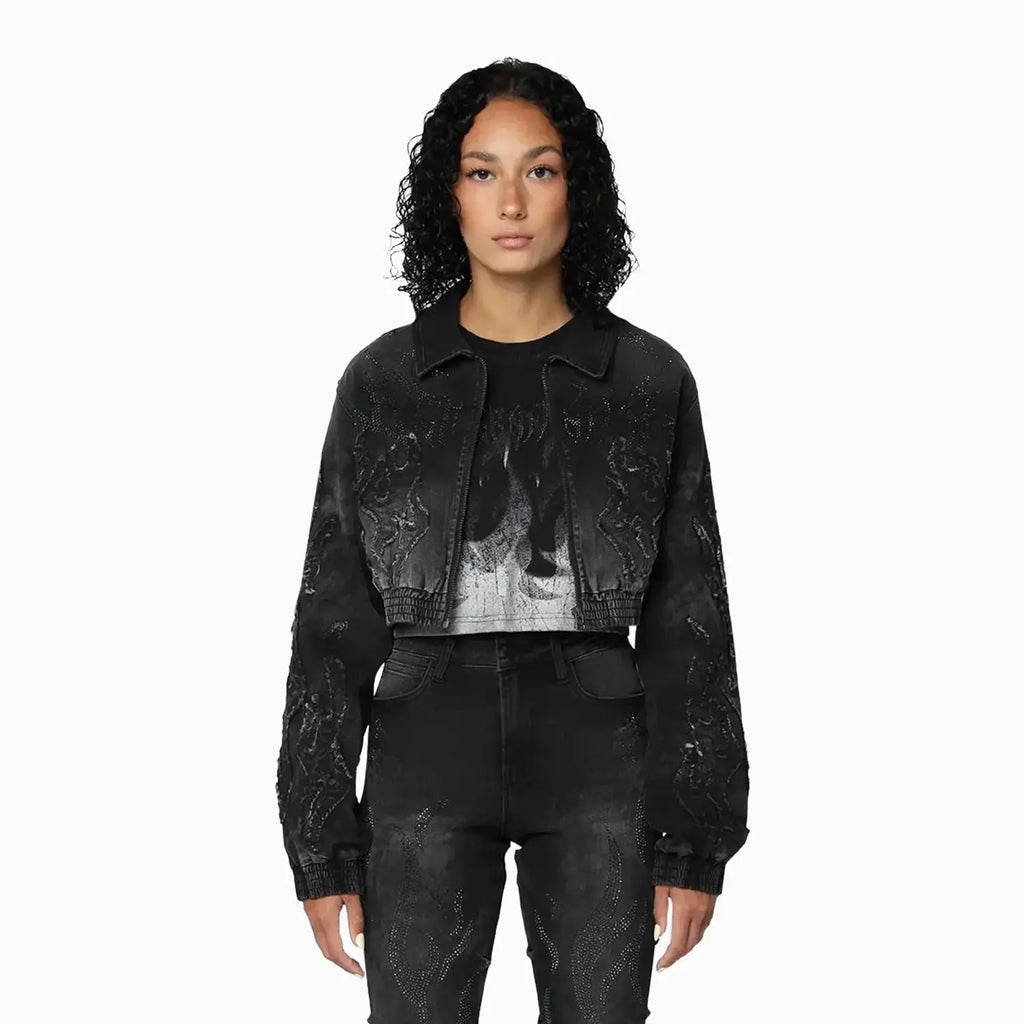 Ensemble Veste en jean ornée de strass et jean Noir pour Femme
