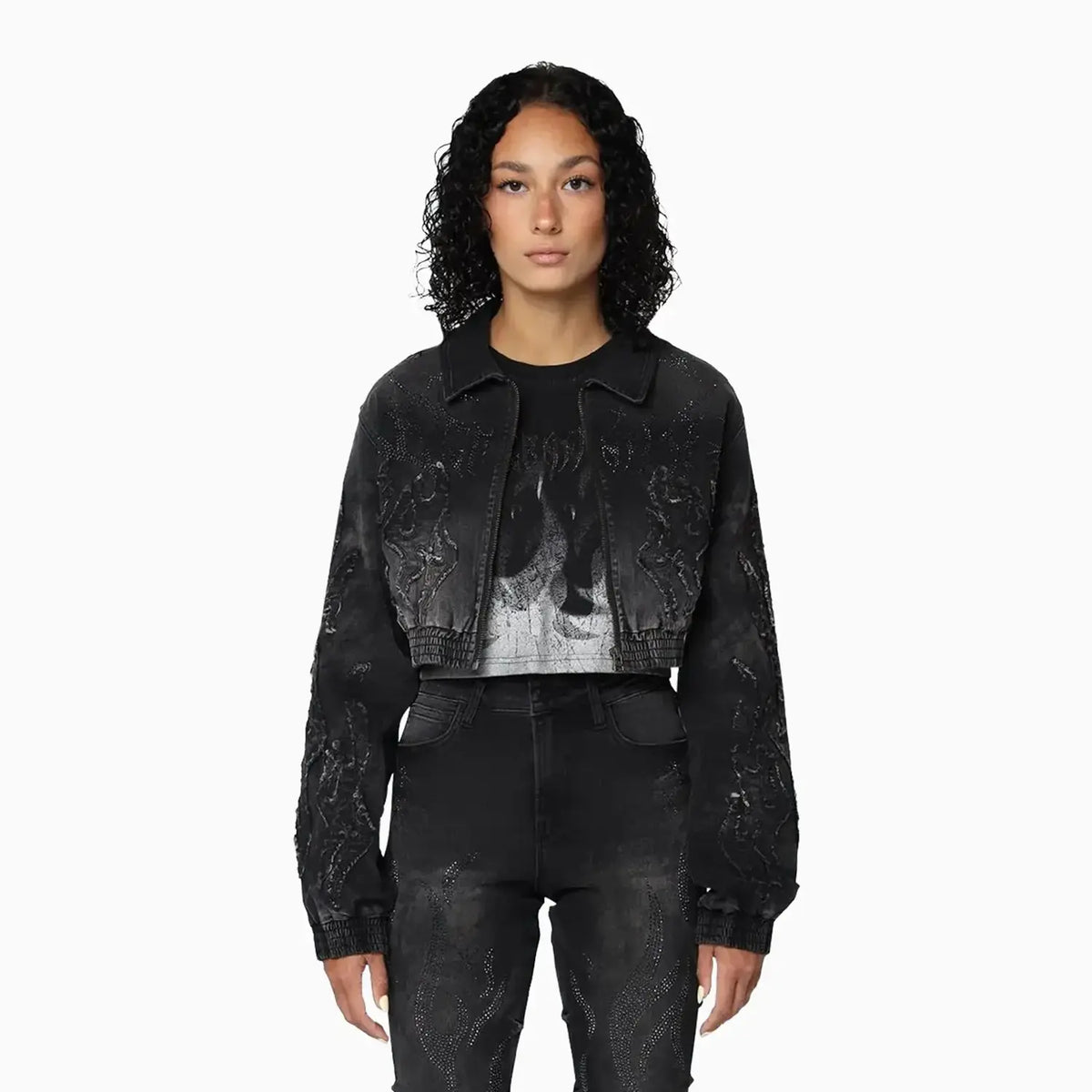 Conjunto de chaqueta y jeans de mezclilla con pedrería Noir para mujer