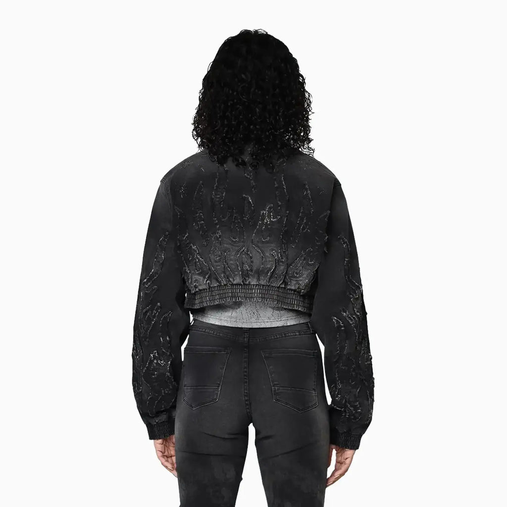 Ensemble Veste en jean ornée de strass et jean Noir pour Femme
