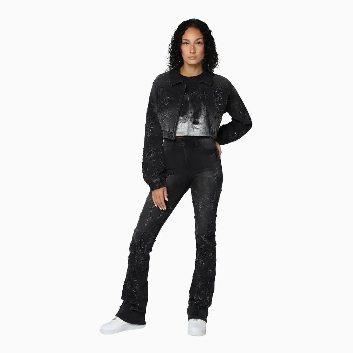 Conjunto de chaqueta y jeans de mezclilla con pedrería Noir para mujer