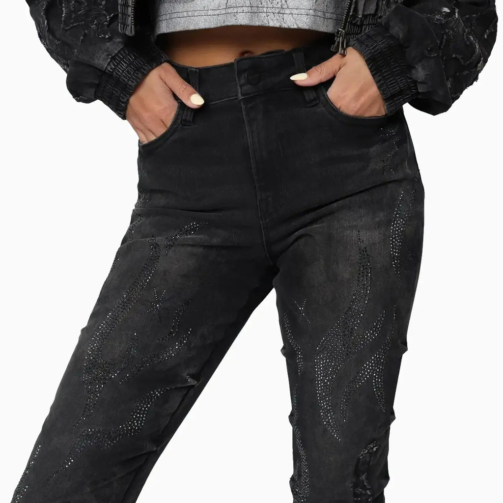 Ensemble Veste en jean ornée de strass et jean Noir pour Femme