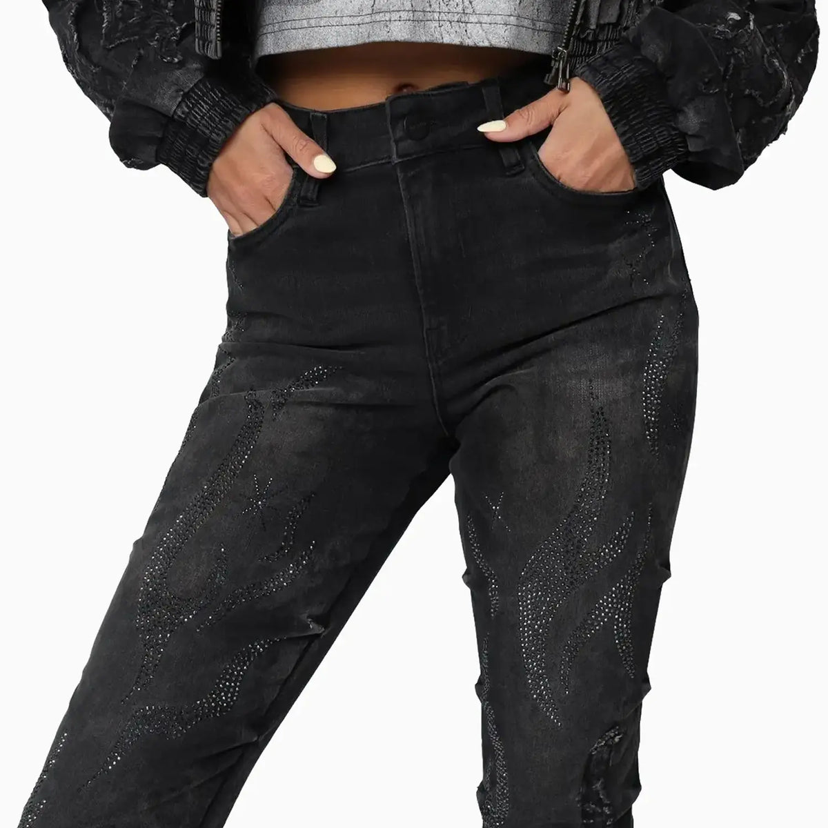 Ensemble Veste en jean ornée de strass et jean Noir pour Femme