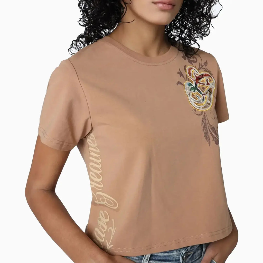 T-shirt femme en coton flammé à manches courtes
