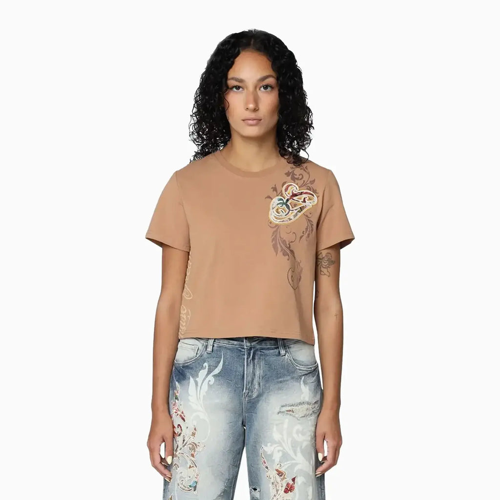 T-shirt femme en coton flammé à manches courtes