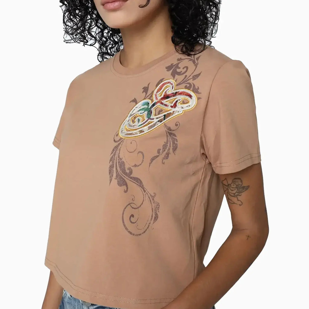 T-shirt femme en coton flammé à manches courtes