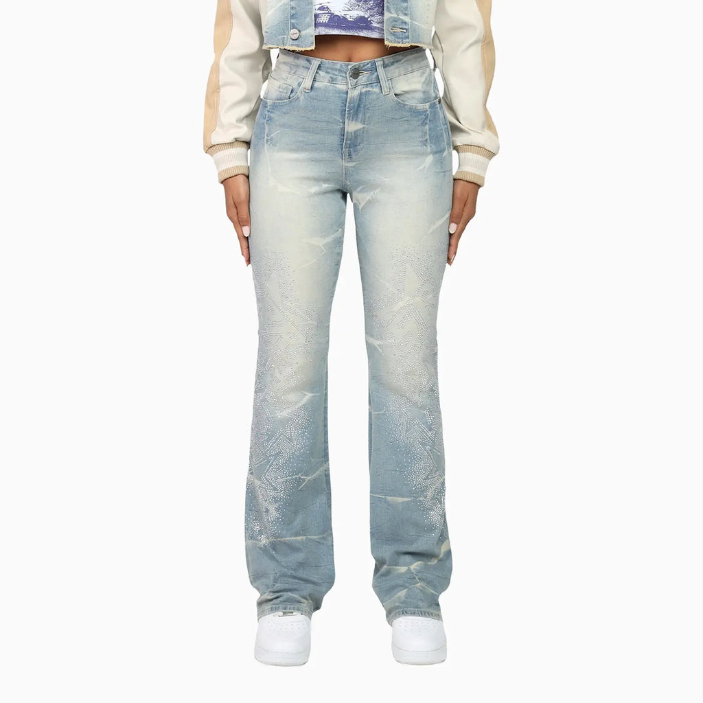 Conjunto de crop top con pedrería y jeans apilados para mujer