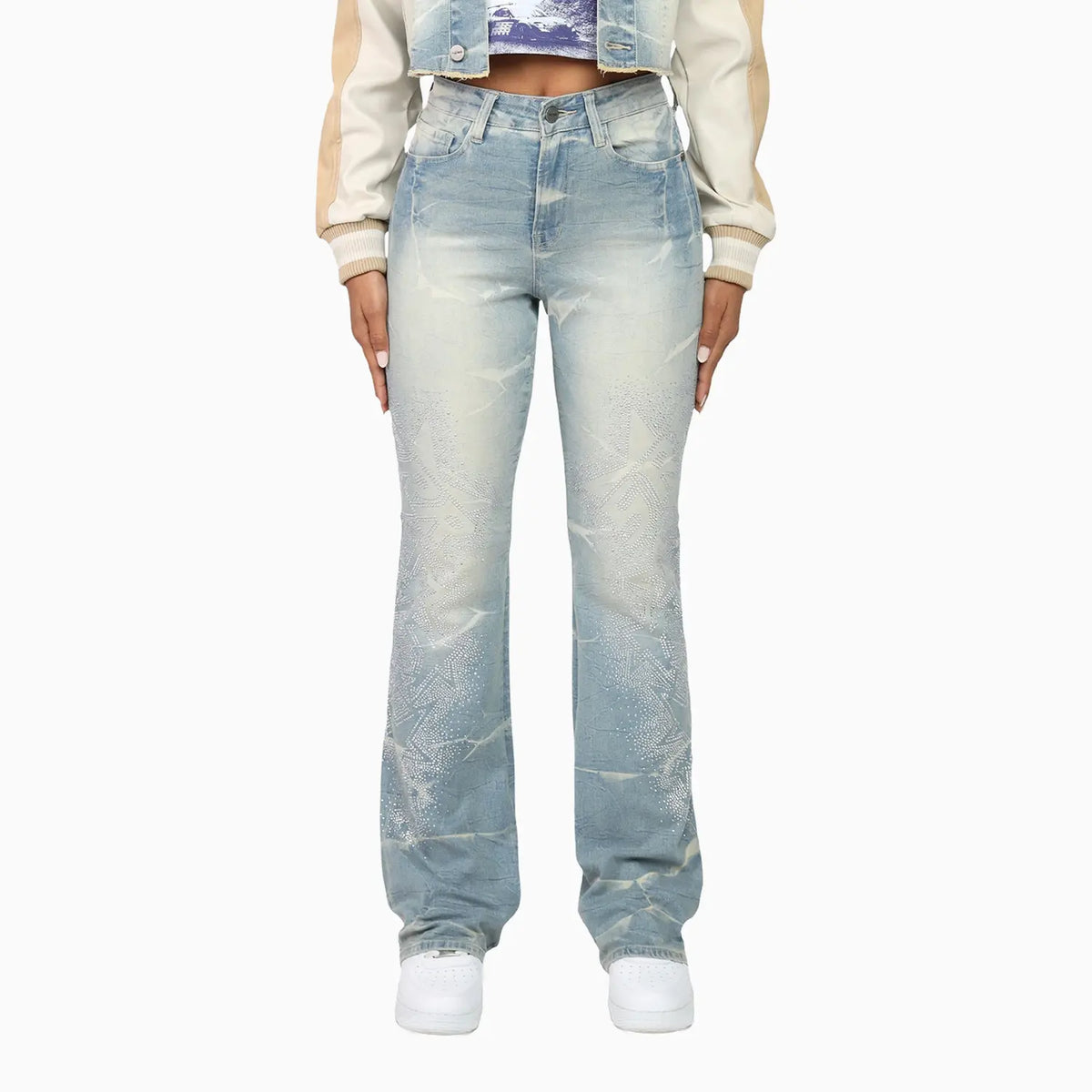 Women's Rhinestone Crop Top and Stack Jean Pant Outfit