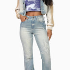 Conjunto de crop top con pedrería y jeans apilados para mujer