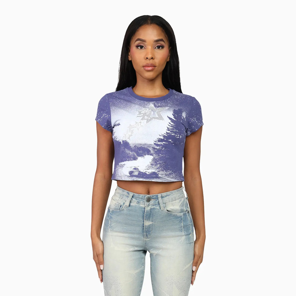 Conjunto de crop top con pedrería y jeans apilados para mujer