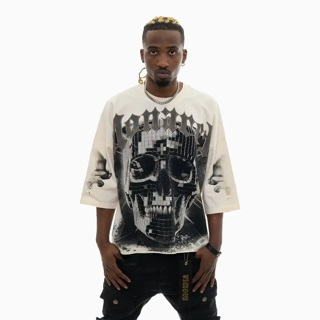 T-shirt graphique surdimensionné pour homme avec tête de mort numérique Monarch