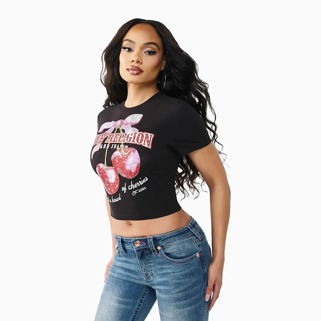 T-shirt court à manches courtes et motif cerises pour femme
