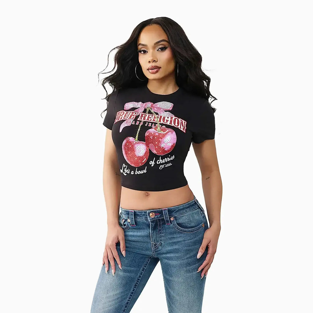 T-shirt court à manches courtes et motif cerises pour femme