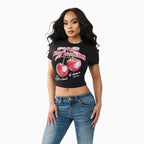 T-shirt court à manches courtes et motif cerises pour femme